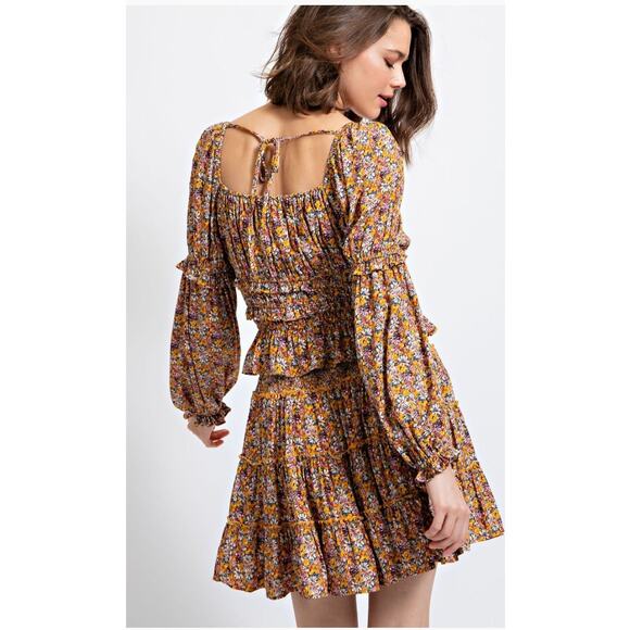 Easel Matching Floral Printed Top and Mini Skirt Set Sunflower L - Picture 3 of 3